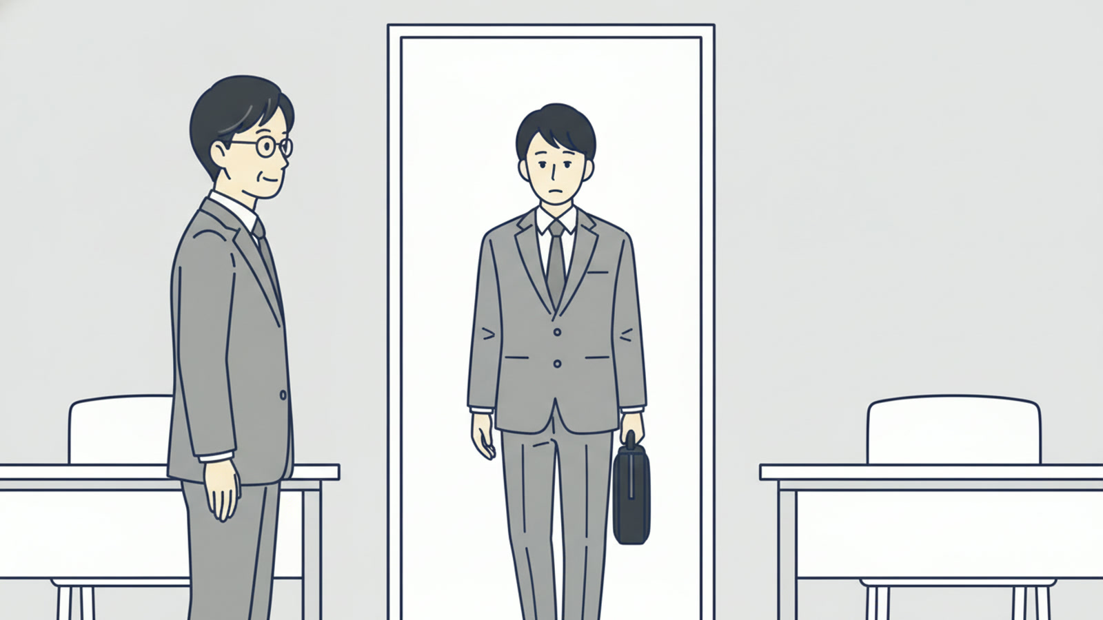 オフィスの入口から鞄を持った男性社員が入ってきて、眼鏡をかけた管理職がその方を向いて迎えているイラスト
