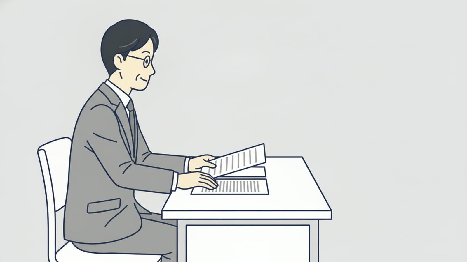 机に向かった管理職が、行が詰まった書類と行の少ない書類を見比べ、行の少ないほうに手を伸ばしかけているイラスト