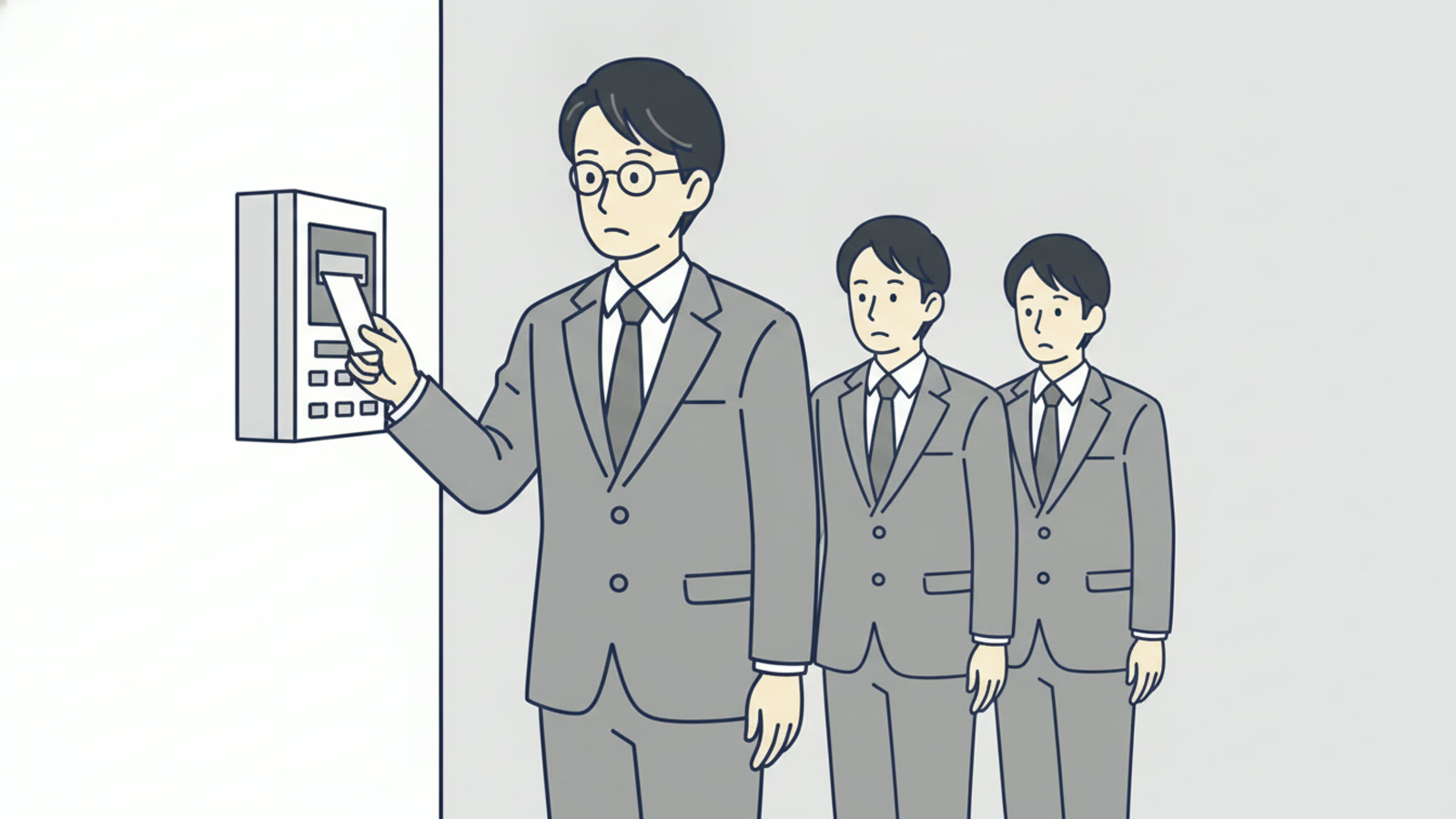 打刻機の前に並ぶ管理職と社員のイラスト