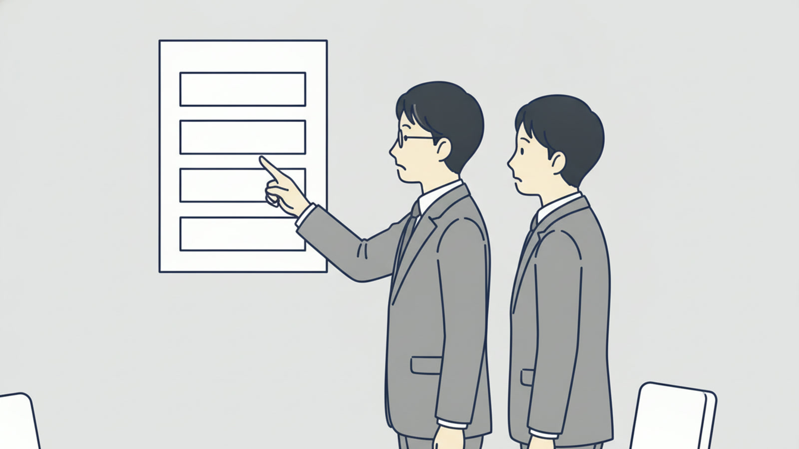 壁に貼られた組織図の四角を指している二人のイラスト