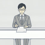 机に向かってペンを持ったまま、目の前の一枚の紙に手を止めている会社員のイラスト