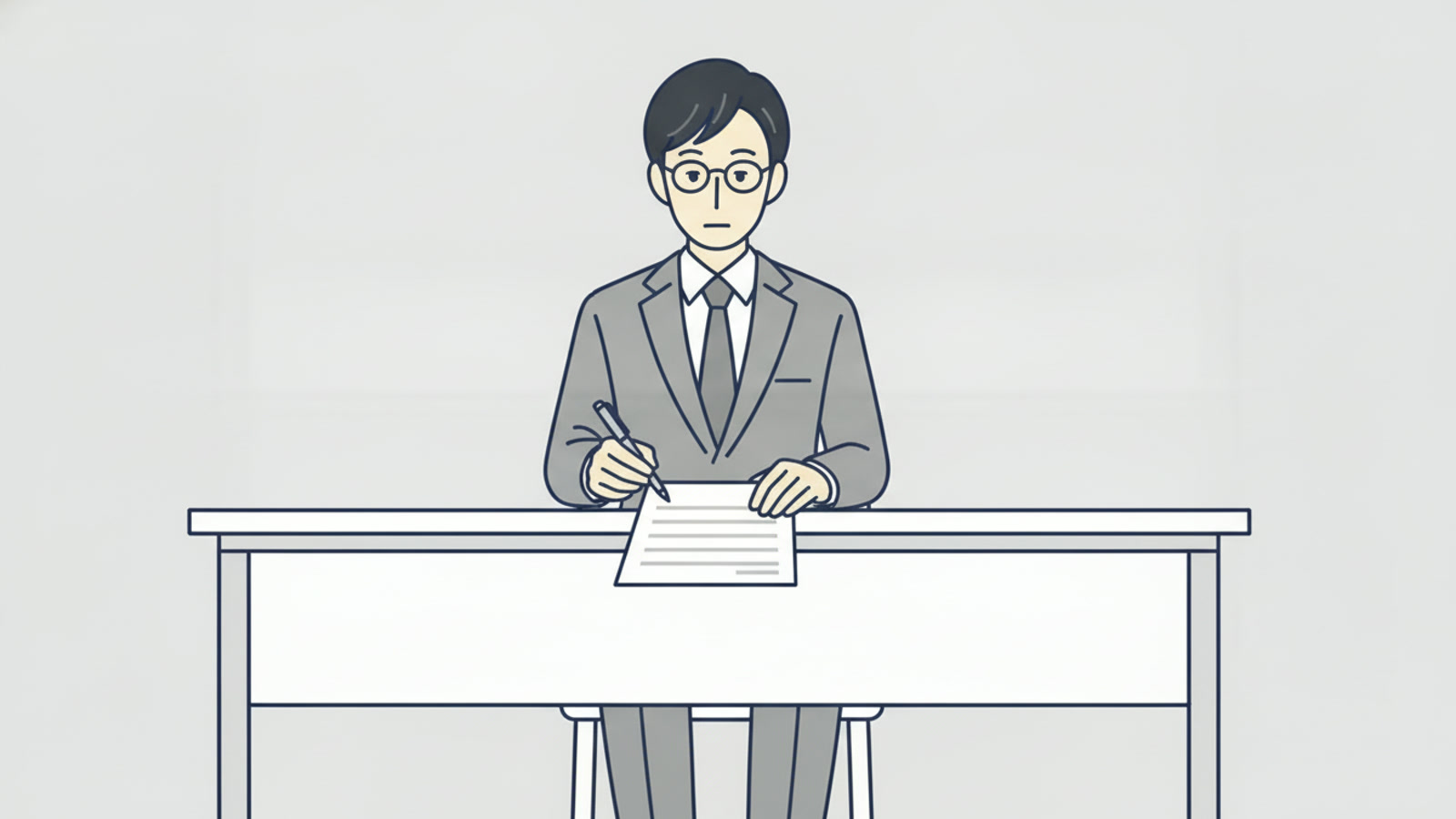 机に向かってペンを持ったまま、目の前の一枚の紙に手を止めている会社員のイラスト
