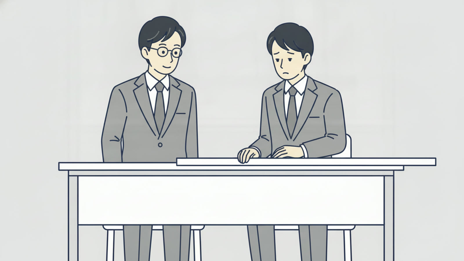 机の上に長さの違う二本の紙テープが並べて置かれ、その差を見ている会社員のイラスト