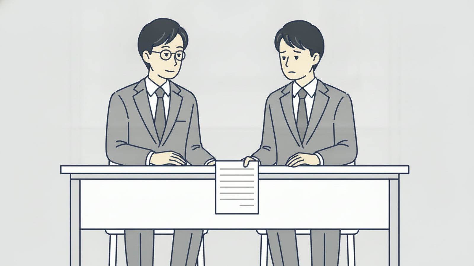 机を挟んで向かい合う二人の間に、一枚の紙だけが置かれているイラスト