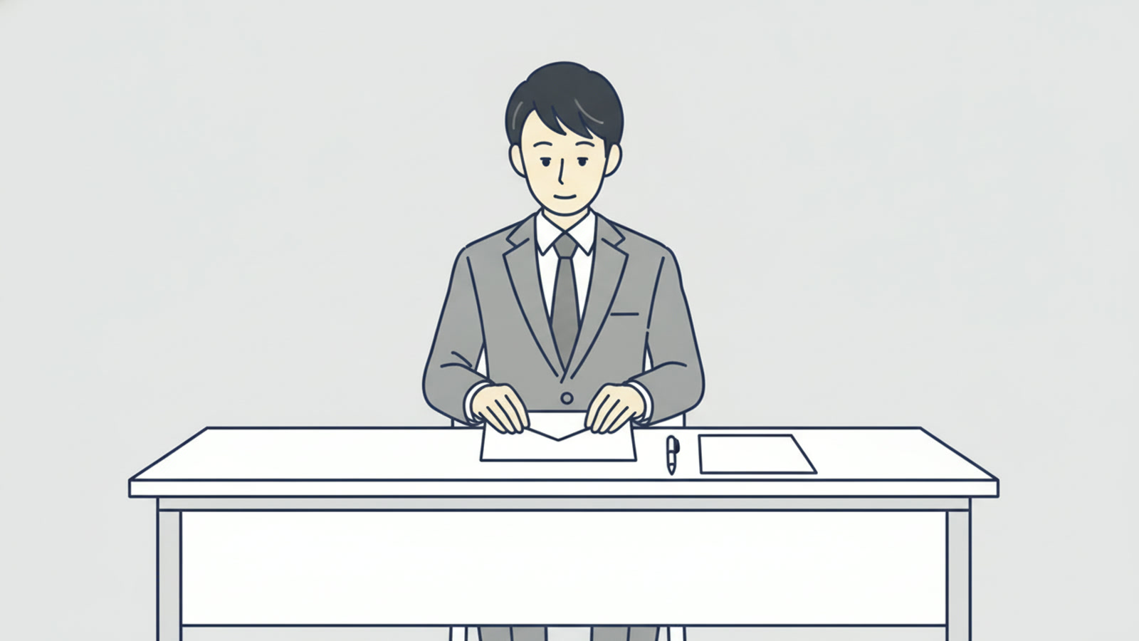 自宅の机で退職届の封をしている場面