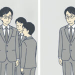 左には会社員が同僚たちに囲まれて立ち、右には同じ会社員が一人だけで立っているイラスト