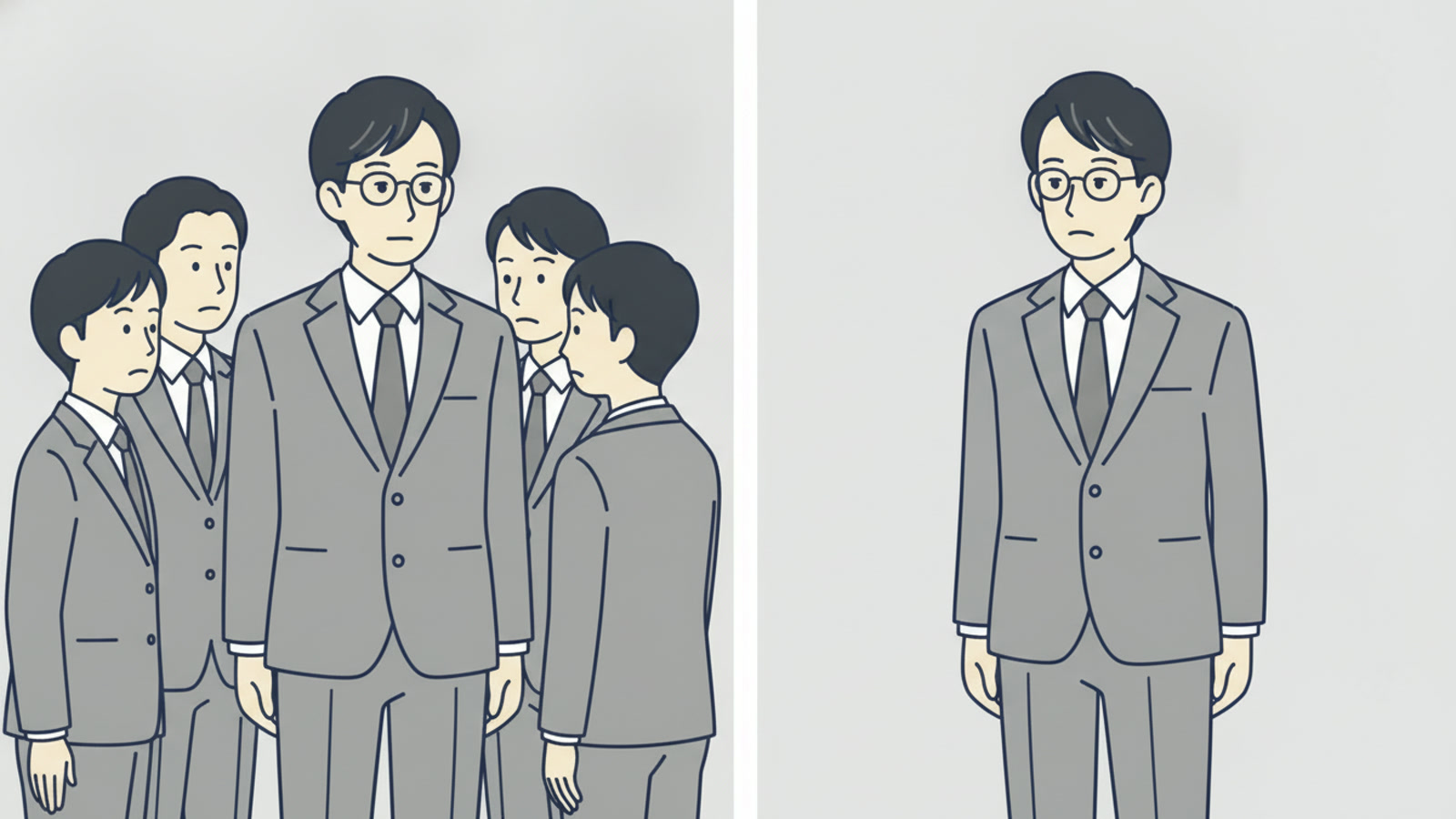 左には会社員が同僚たちに囲まれて立ち、右には同じ会社員が一人だけで立っているイラスト