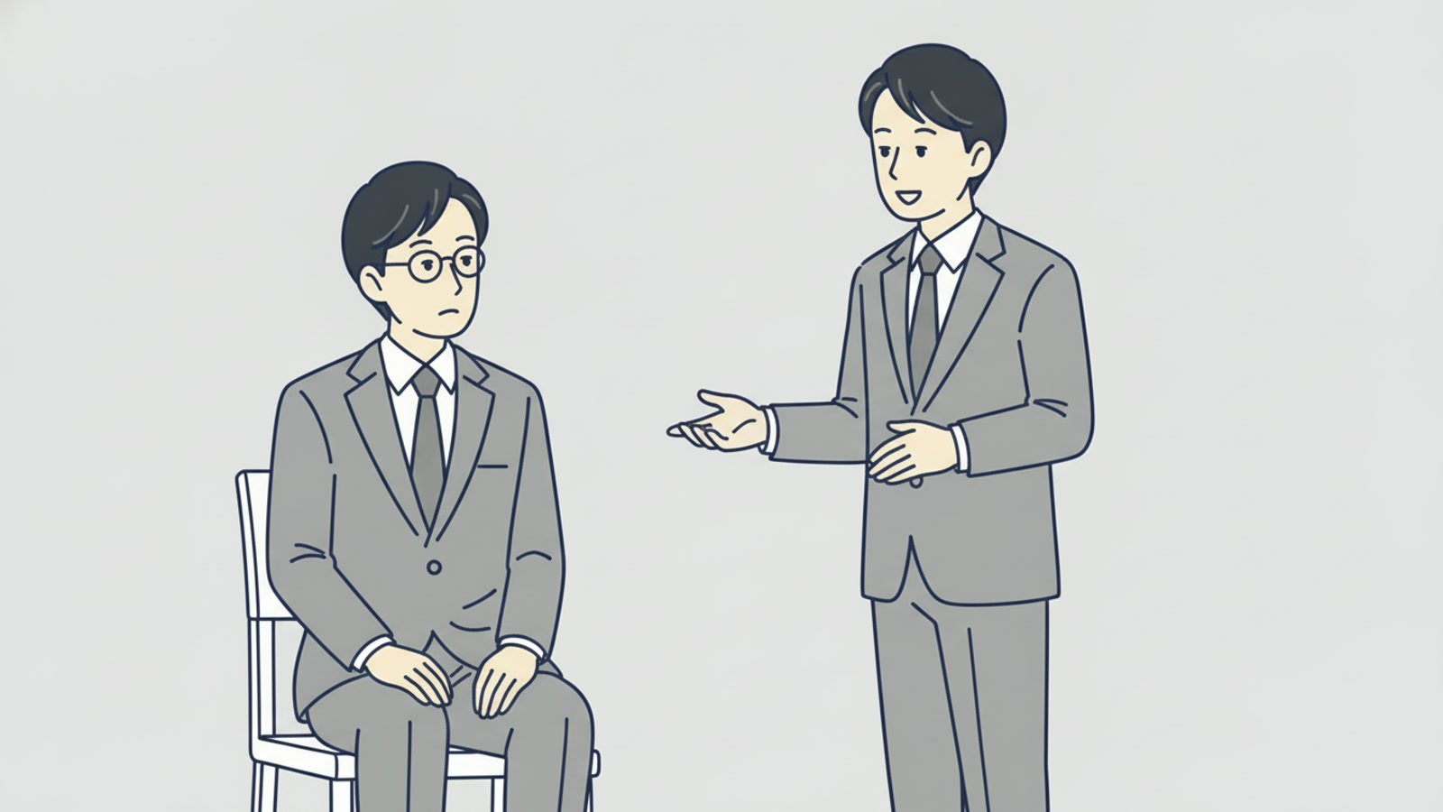 椅子に座った会社員に、立っている人が手を差し出して話しかけているイラスト