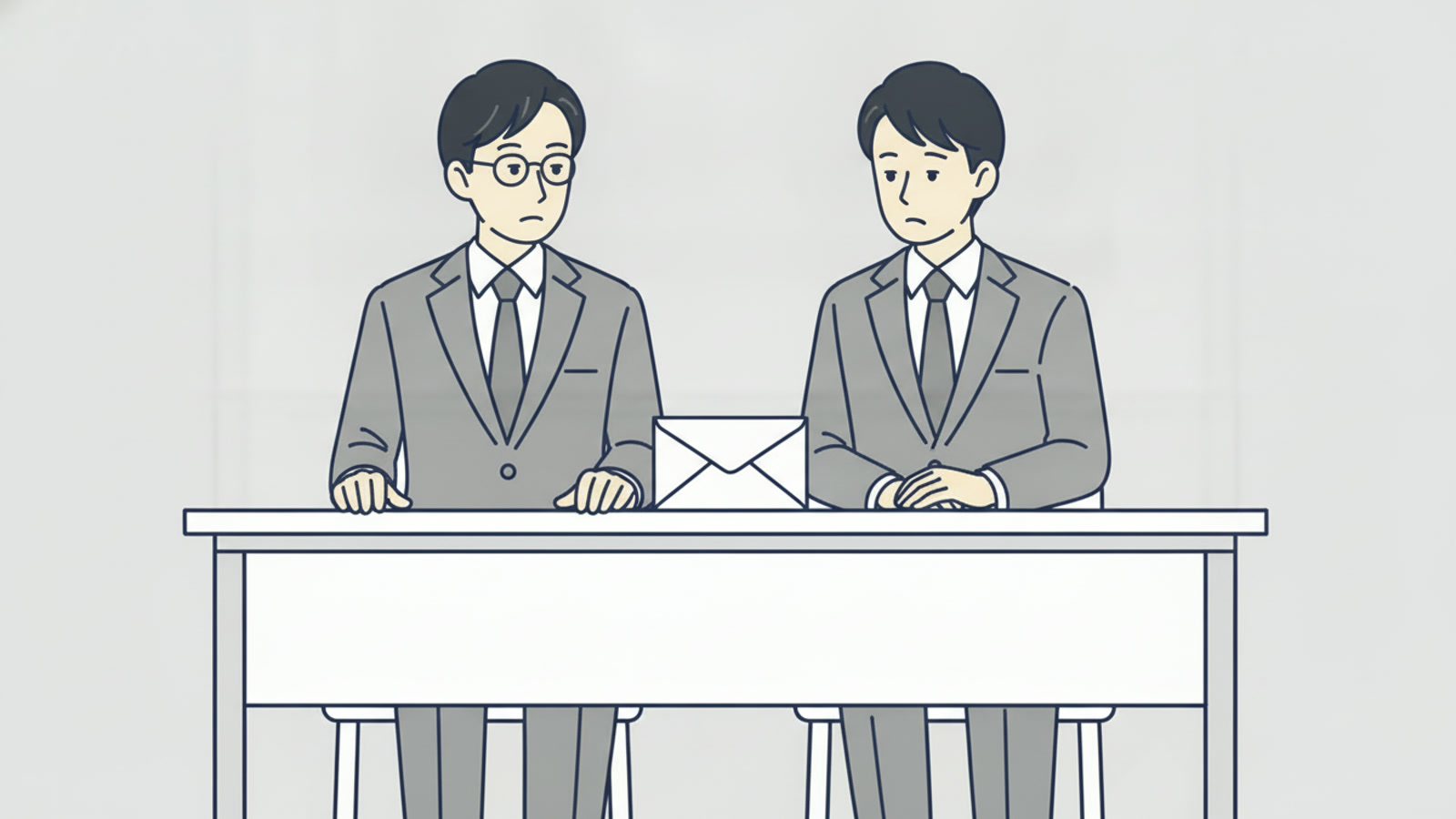 カウンター越しに封筒が一つ置かれ、手を触れずに見ている会社員のイラスト