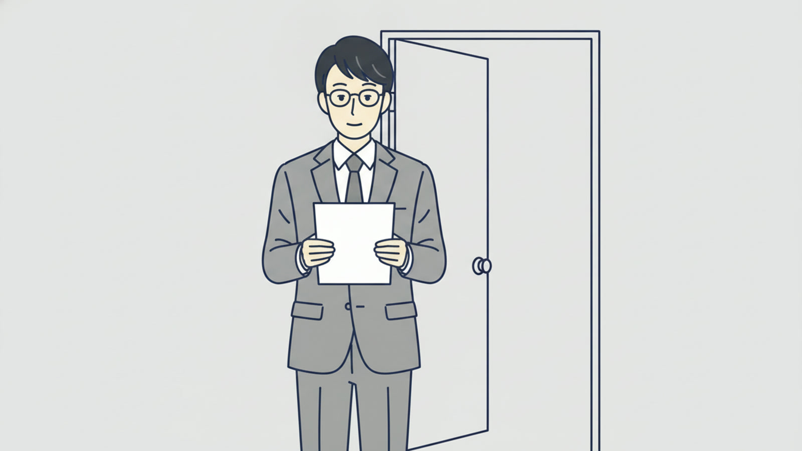 三分の一ほど開いた扉の手前で、会社員が無地の紙を一枚持って立っているイラスト