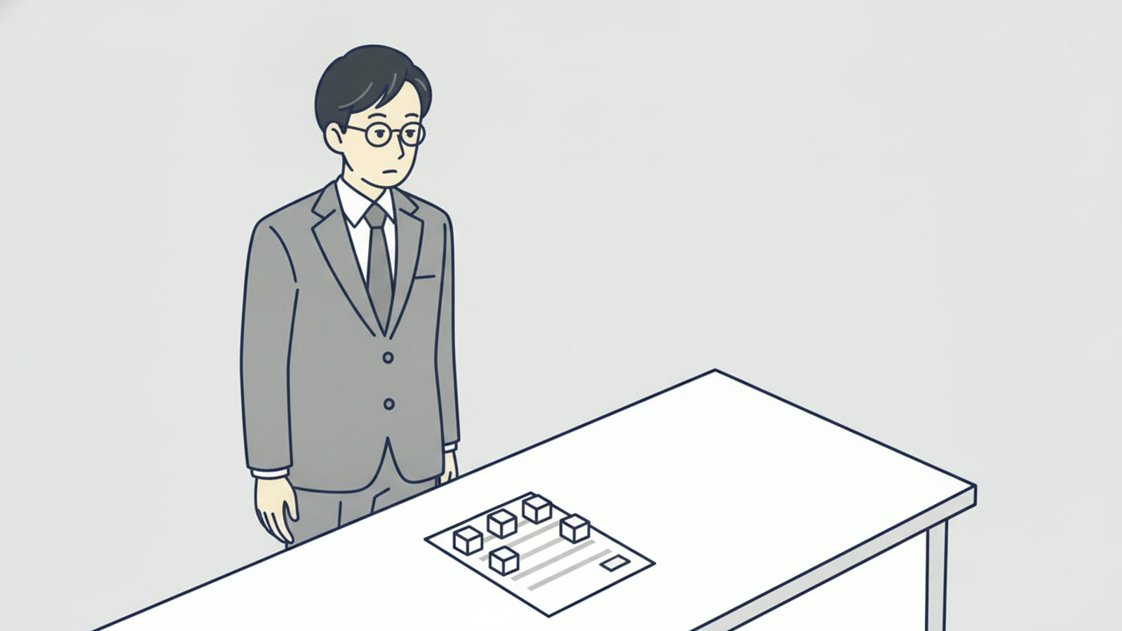 机の上に置かれた書面の上に、同じ大きさの重しが六つ載っていて、会社員が横から見ているイラスト