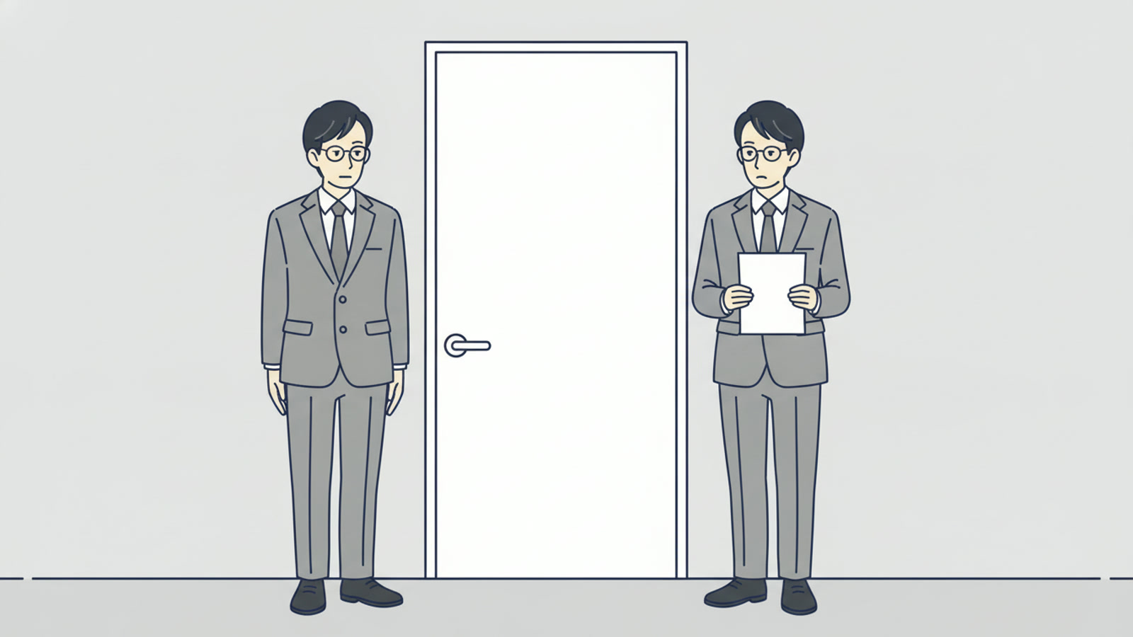 閉じた扉を挟んで、左の会社員は手ぶら、右の会社員は無地の紙を持って立っているイラスト