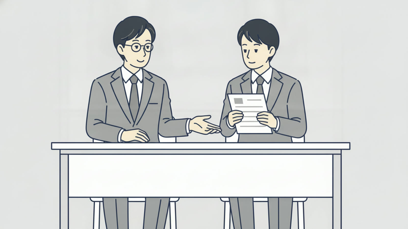 社員が管理職に紙を差し出し、管理職が受け取ろうとしている