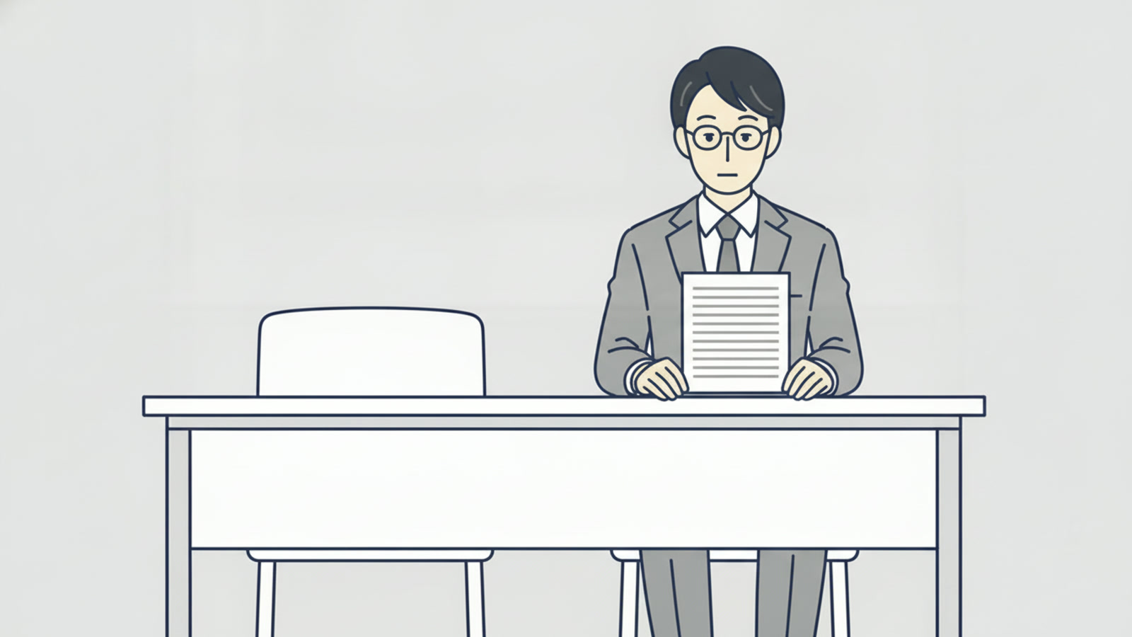 机の向かい側の椅子が空いていて、管理職が一人で手元の書類を見ている