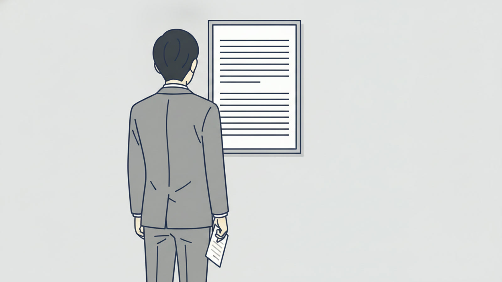 壁に貼られた掲示を見上げる後ろ姿