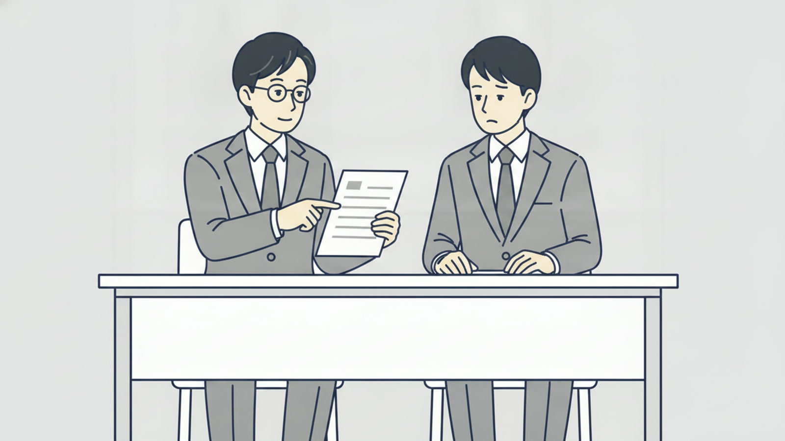 デスクに並んで座り、眼鏡をかけた年上の社員が書類の一点を指さして、隣の若手の上司に説明しているイラスト