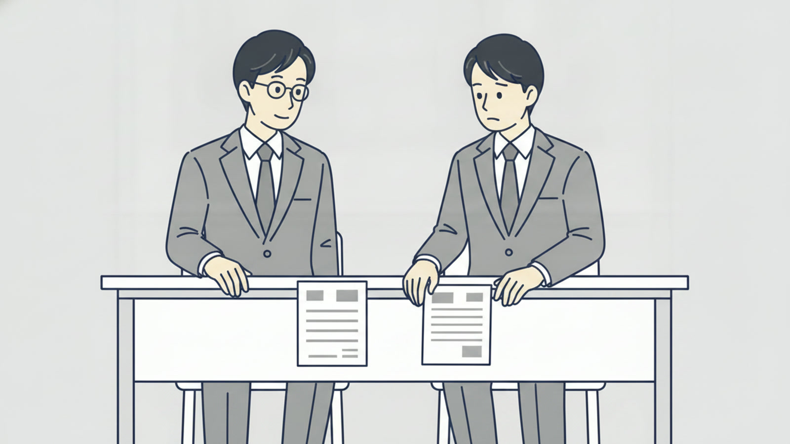 デスクの上に書類が二枚並べて置かれ、年上の社員がそれを示し、若手の上司が片方に手を伸ばしかけているイラスト