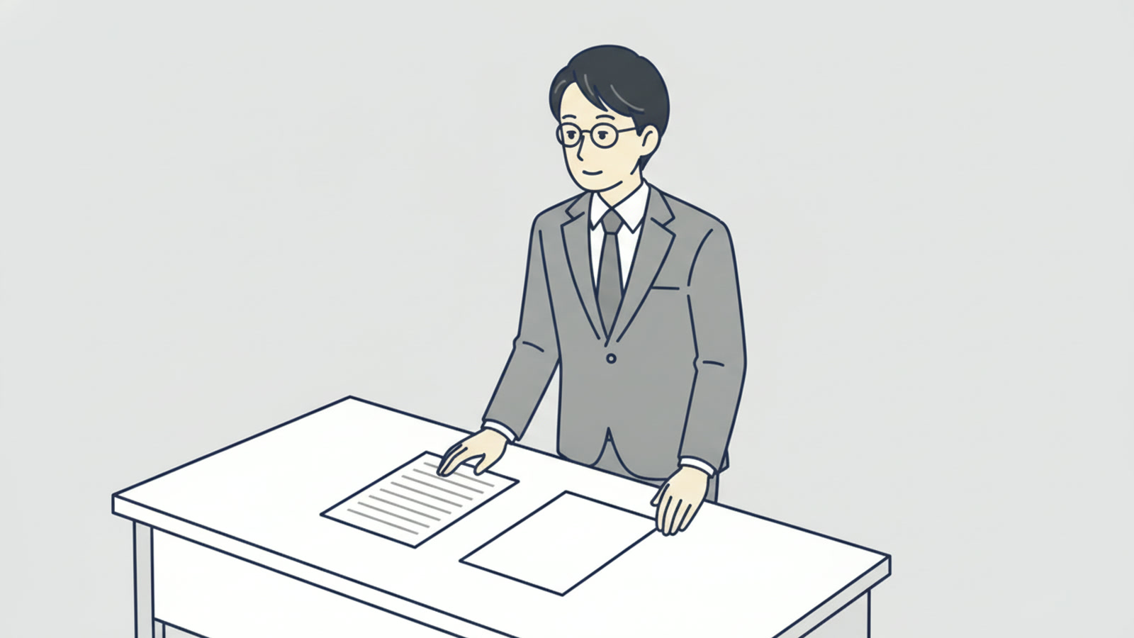 机の上に紙が二枚。左は行が書かれ、右は白紙。会社員が一人、左の紙を見ている