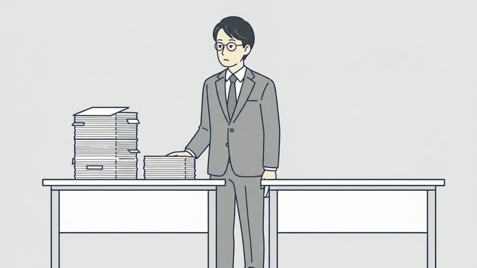 二つの同じ机。左には書類が積まれ、右には何も載っていない