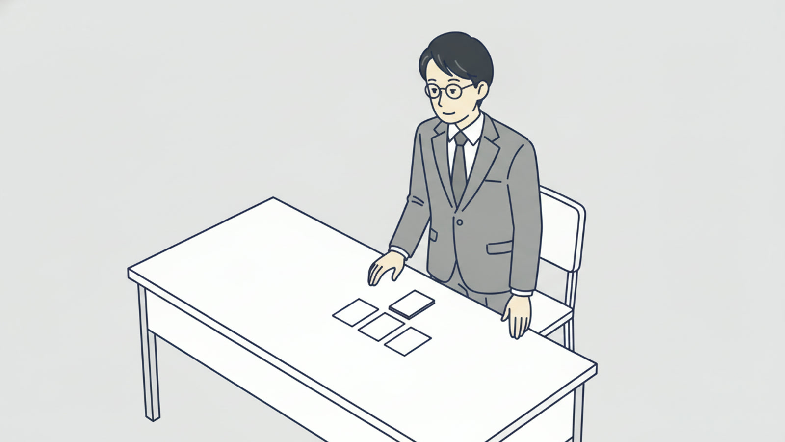 机の上に同じ大きさの札が四枚、少しずつ重なって置かれている