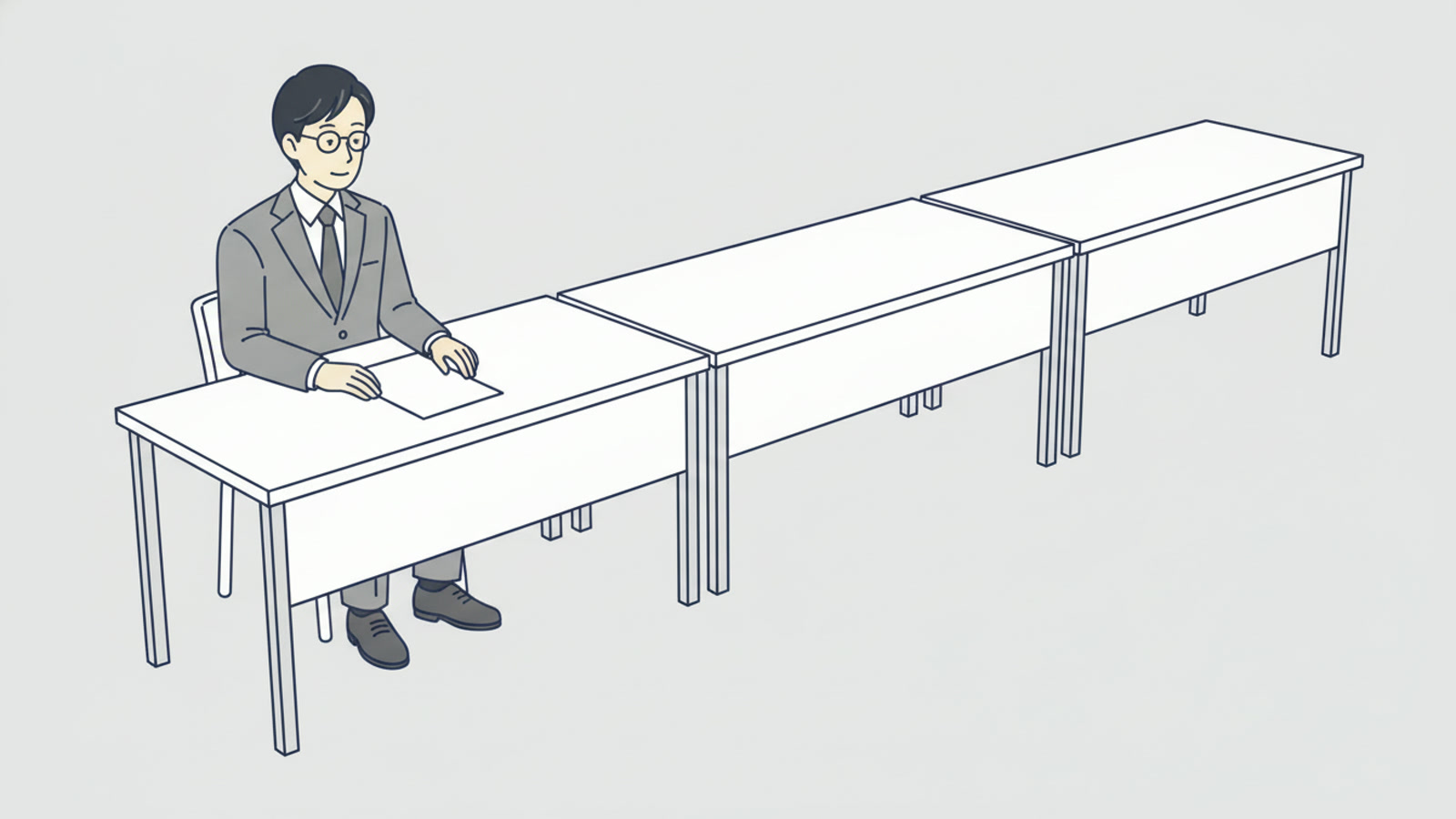 広い部屋で一人だけが机に向かい、隣の机には誰もいない図