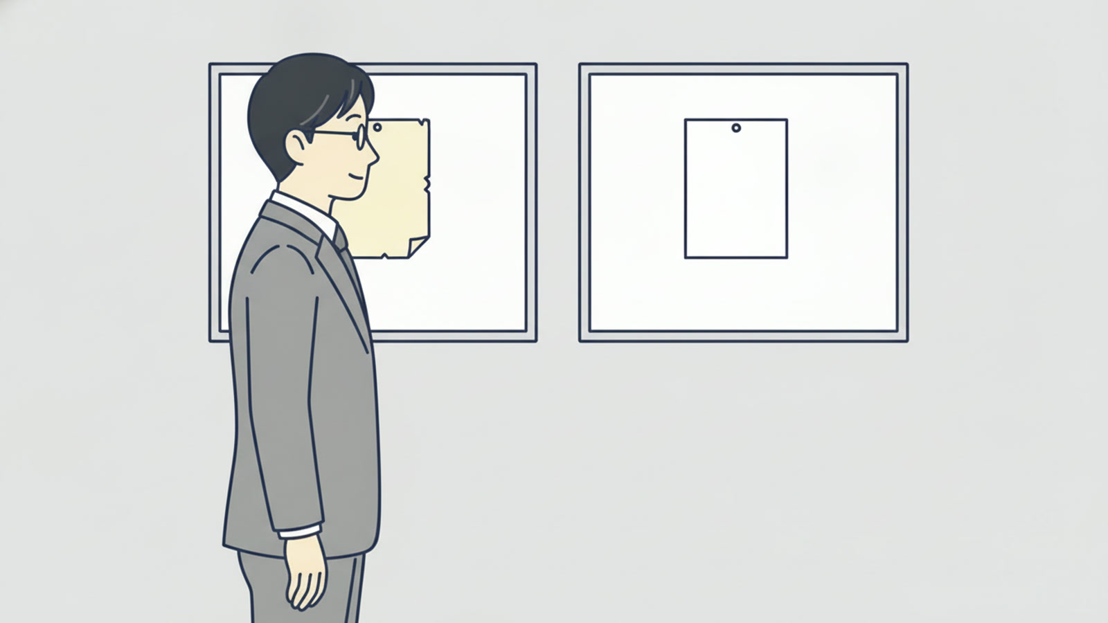壁に掛かった二つの掲示板。左には古びた紙が一枚、右には真新しい紙が一枚貼られている