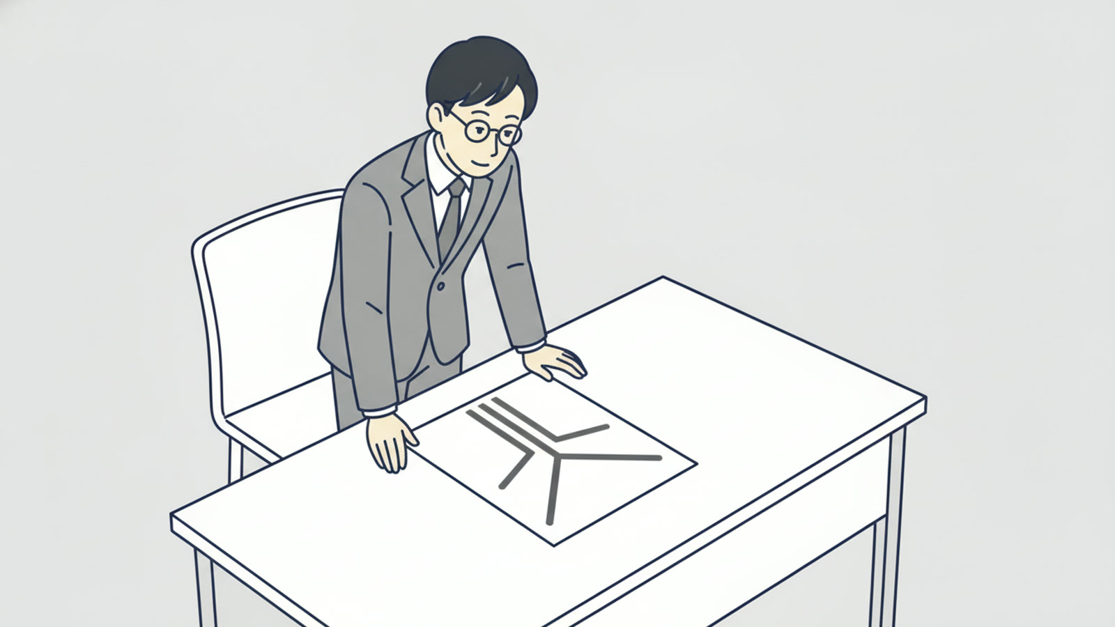 机の上の紙に、一本の線が途中で三つに分かれて描かれている