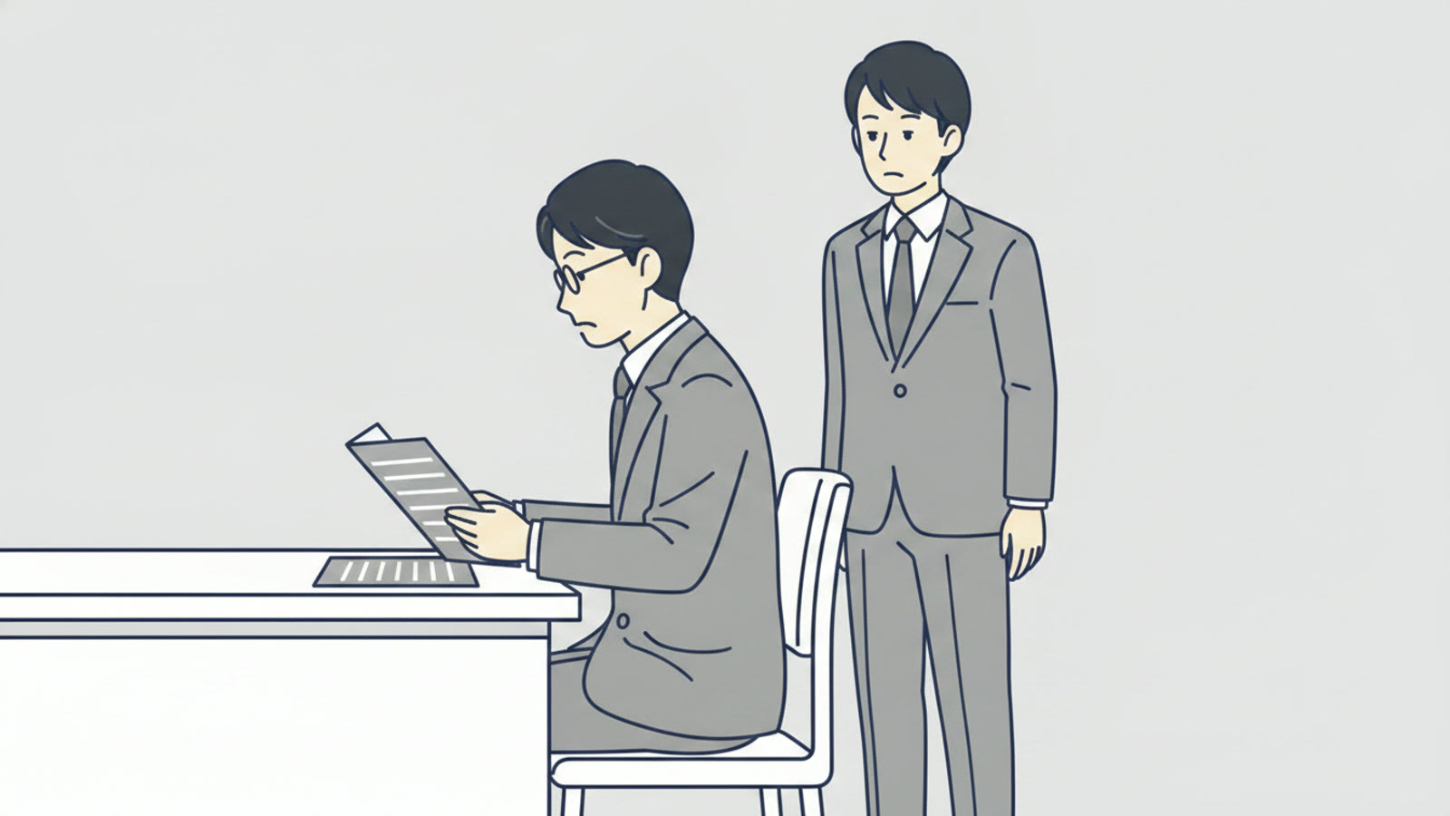 机で書類を読み込む40代の男性社員と、その背後に立って声をかけられずにいる若手の上司のイラスト