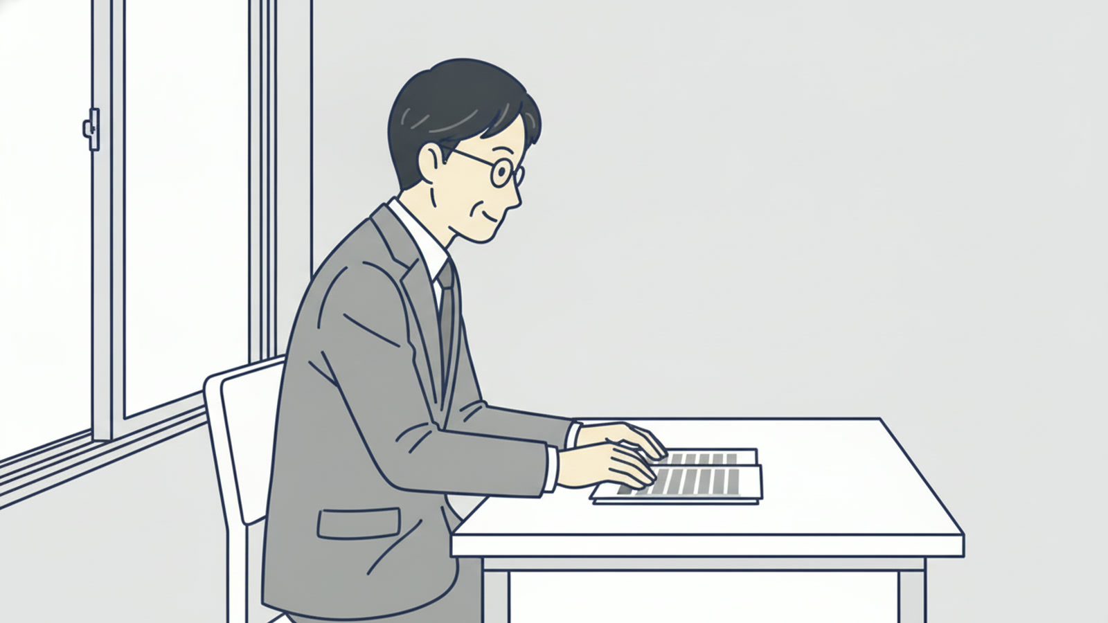 年上の男性が一人、窓際の席で穏やかに資料を読む