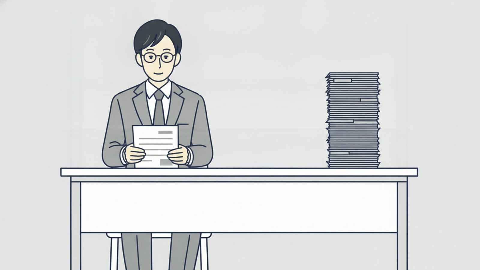 一人が紙1枚だけを見ている机と、隣に紙が高く積まれた机の図