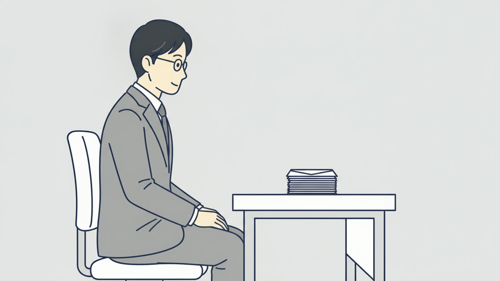机に向かう人物の前に、届いた封筒の束が置かれている