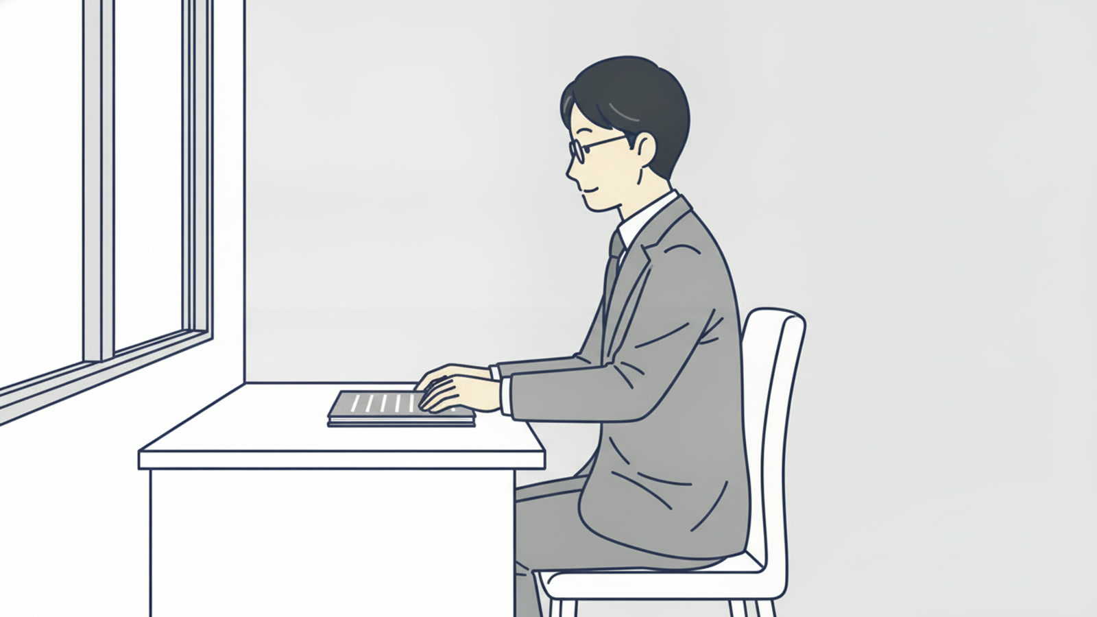 新しい席に座り、机を整える男性