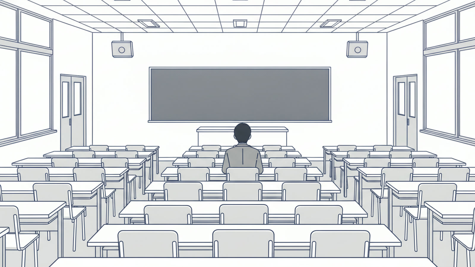 大学の講義室の後ろの席に、一人で座る会社員