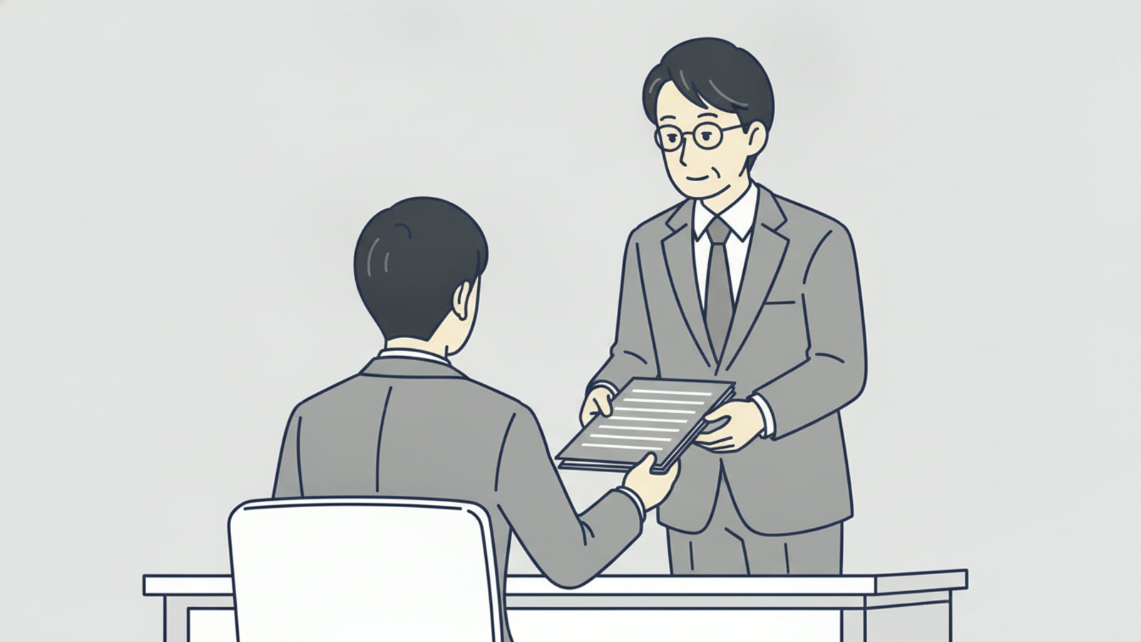 課長が部下の席に書類を手渡している（部下は後ろ姿）