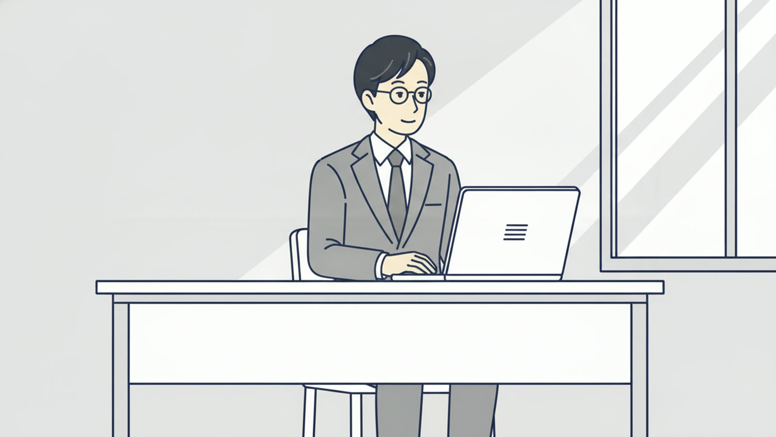 朝のオフィスで、自席に座る管理職