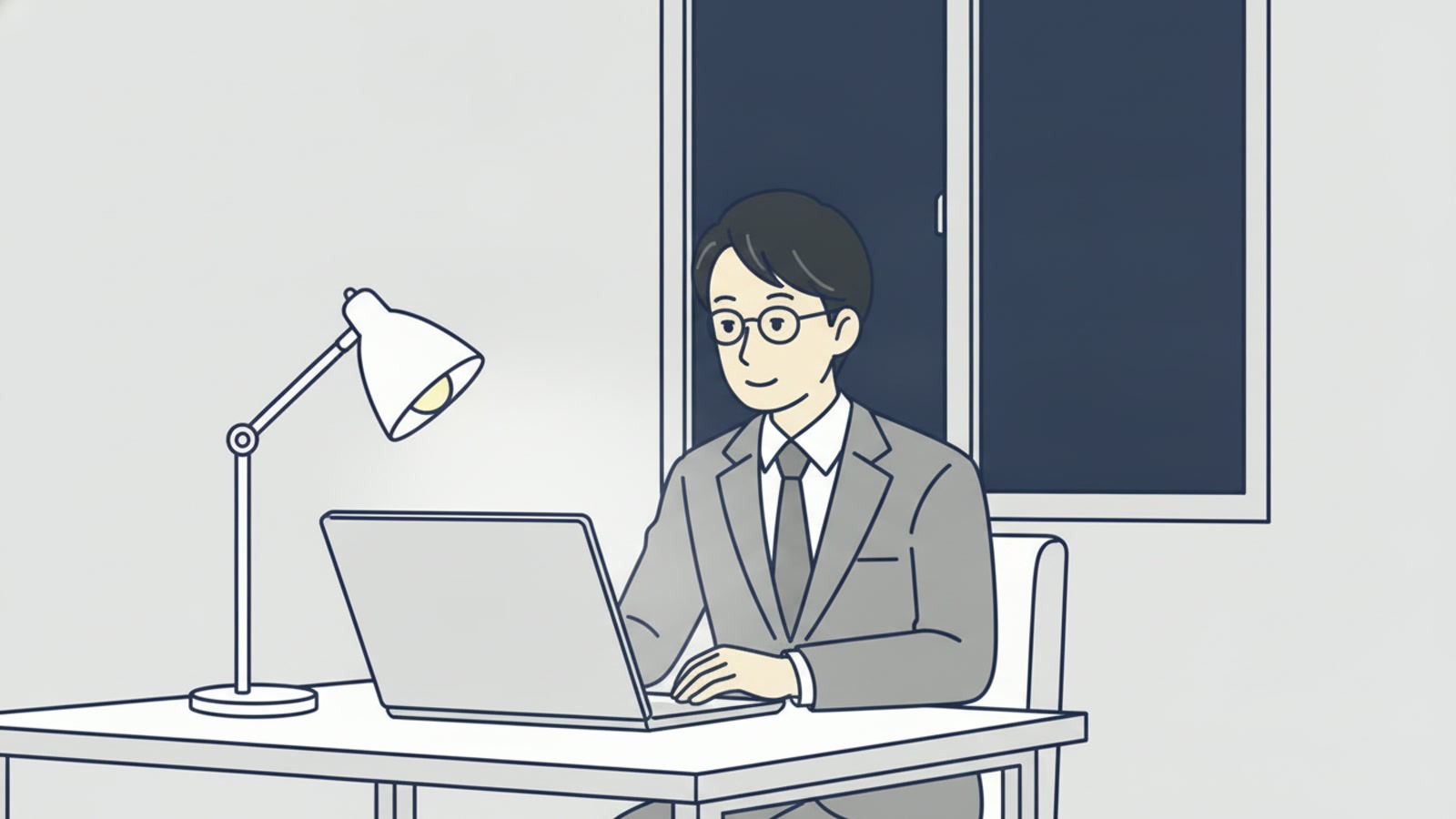 夜の自宅でノートパソコンに向かって話を聞く会社員