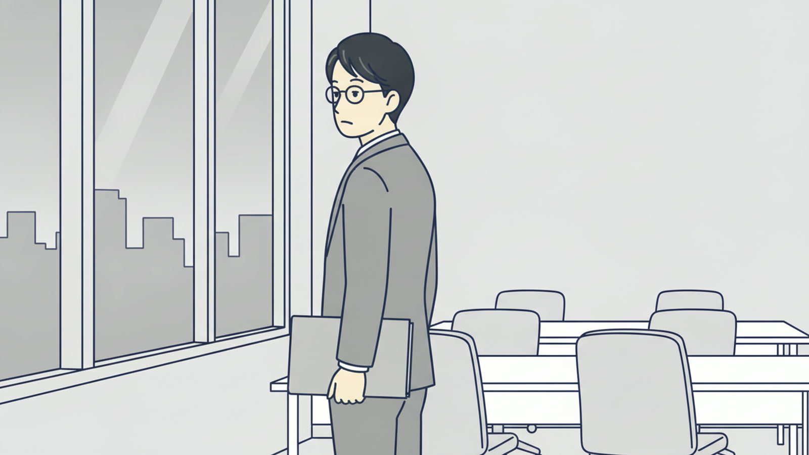 夕方のオフィスの窓際で外を見ている会社員