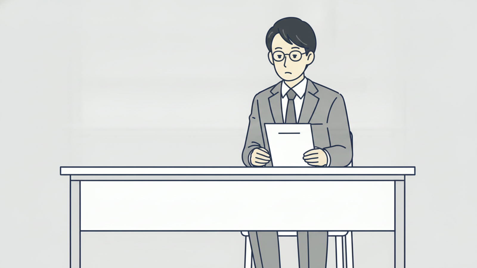 机で1枚の紙を見ている会社員