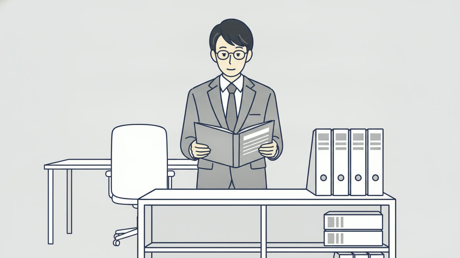 書類棚の前でファイルを開いている会社員