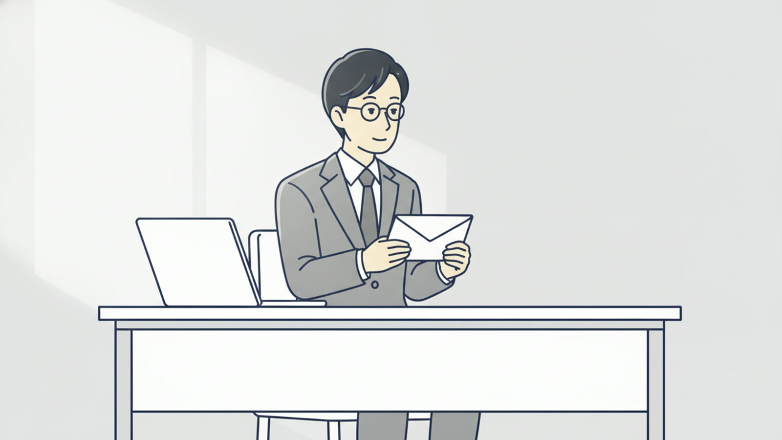 机で白い封筒を手に取って見ている会社員